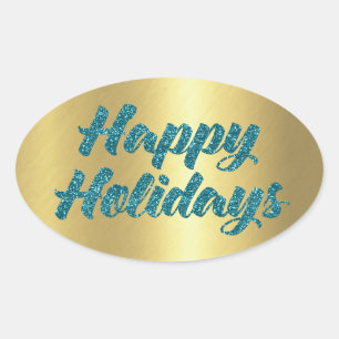 Adesivo Oval Feliz Holidays Turquoise Glitter em Dourado