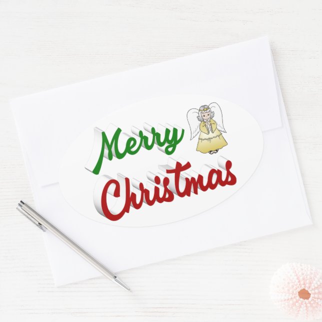 Adesivo Oval Feliz Natal Angel red script verde (Envelope)