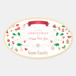 Adesivo Oval Feliz Natal de inverno e Ano Novo