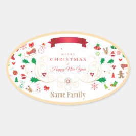 Adesivo Oval Feliz Natal de inverno e Ano Novo