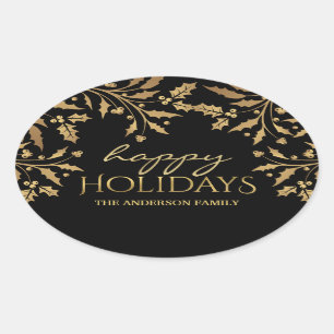 Adesivo Oval Feliz Natal Dourado Holly Faux Foil