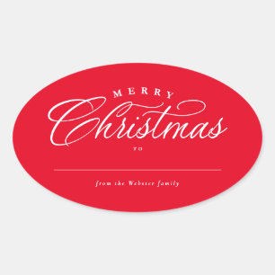 Adesivo Oval Feliz Natal, elegante presente de feriado vermelho