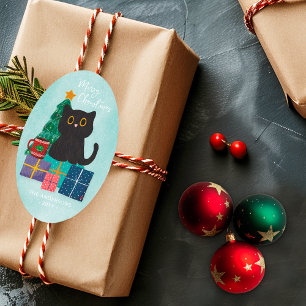 Adesivo Oval Feliz Natal Gato Preto Fofo Árvore de Natal