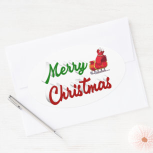 Adesivo Oval Feliz Natal Papais noeis Sleigh red green script