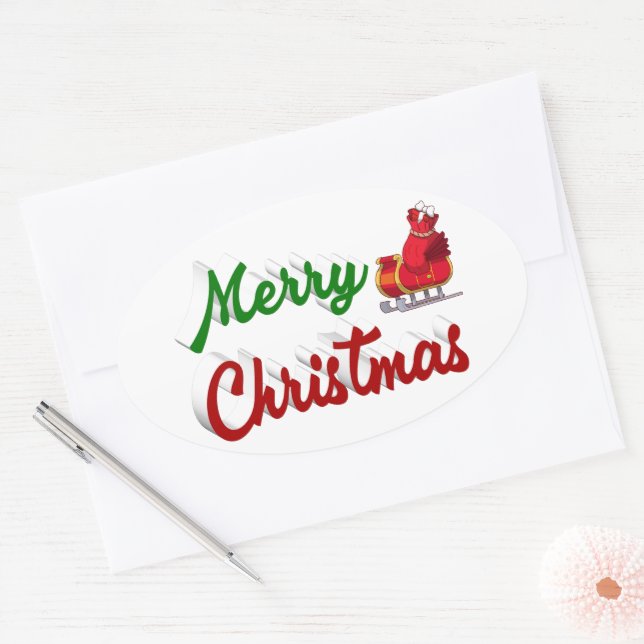 Adesivo Oval Feliz Natal Papais noeis Sleigh red green script (Envelope)