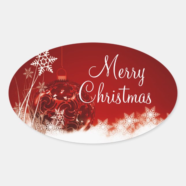 Adesivo Oval Feliz Natal Red Ornament Snowflake Oval Seal (Frente)