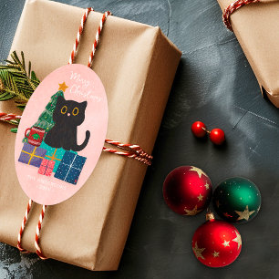Adesivo Oval Feliz Natal Rosa Gato Preto Fofo Árvore de Natal