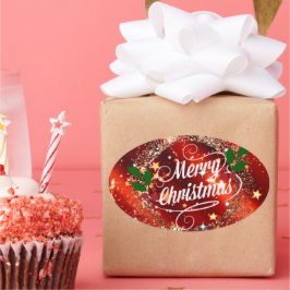 Adesivo Oval Feliz Natal, Vermelho e Design Dourado