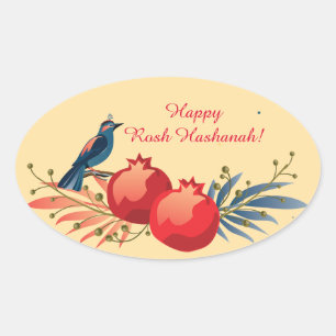 Adesivo Oval Feliz Rosh Hashanah Jewish Ano Novo Padrão Floral