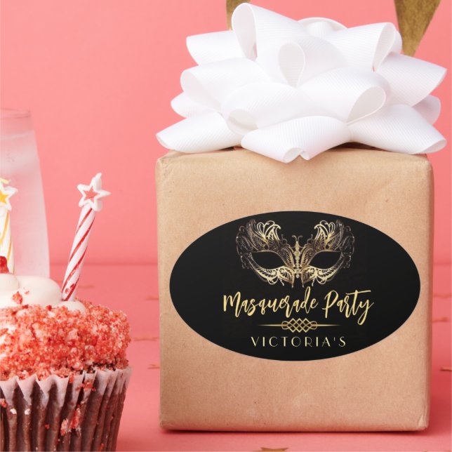 Adesivo Oval Festa de aniversário Dourada Elegante Chic Black (Festa)