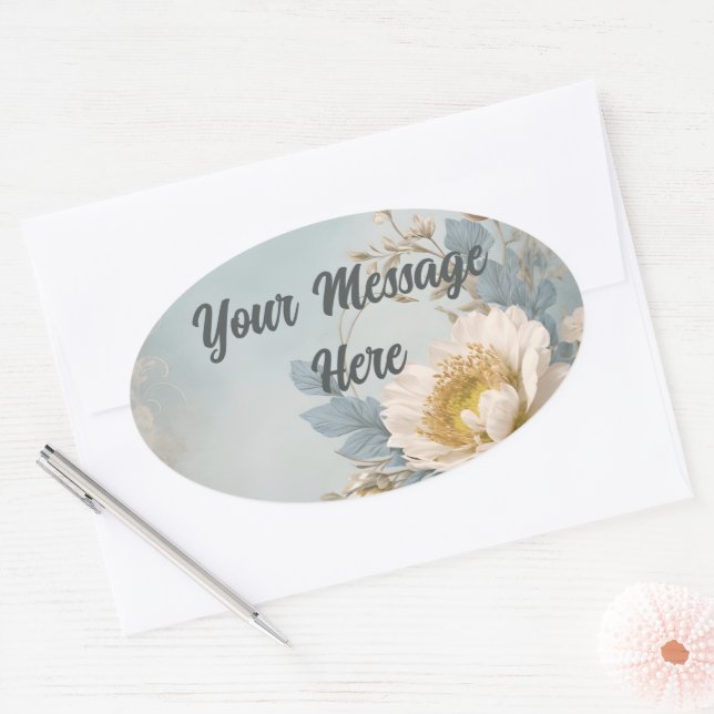 Adesivo Oval Festa de aniversário Floral Azul Elegante (Envelope)