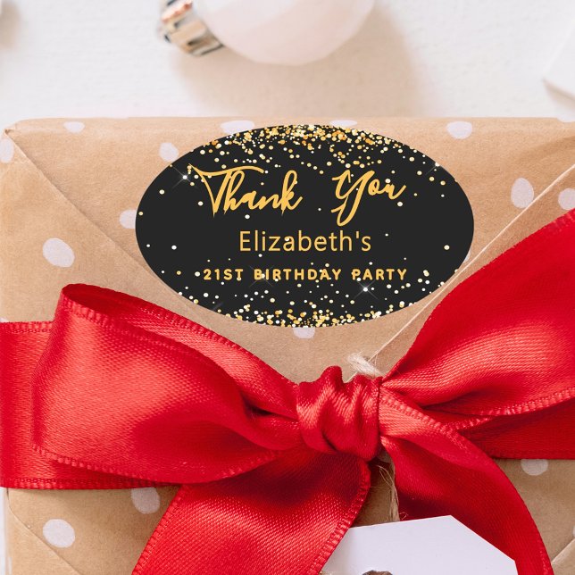 Adesivo Oval Festa de aniversário preto, nome de ouro Obrigado (Criador carregado)