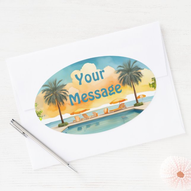 Adesivo Oval Festa de Verão de Piscina de Aquarela (Envelope)