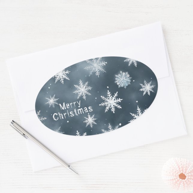Adesivo Oval Flocos de neve de Natal, personalizados (Envelope)