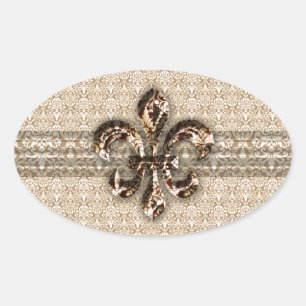 Adesivo Oval Flor de lis dourada com cor damasco de creme