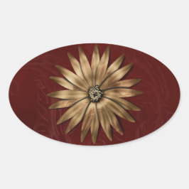 Adesivo Oval Flor Metálico Dourado no tecido vermelho