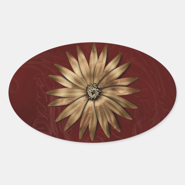 Adesivo Oval Flor Metálico Dourado no tecido vermelho (Frente)