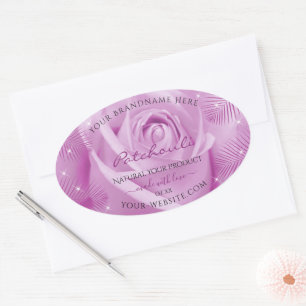 Adesivo Oval Flor Rosa roxa com Rótulos de Produto de Folhas de