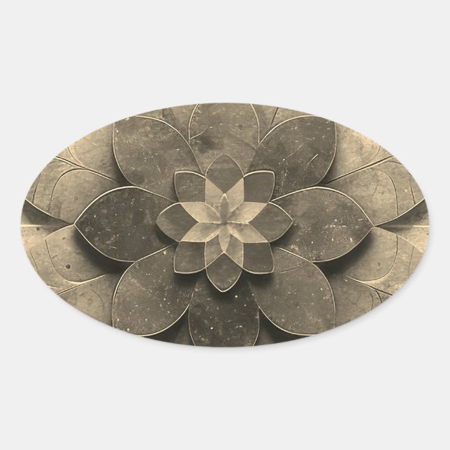 Adesivo Oval Flor Texturizada com Mandala, Ouro antigo (Frente)