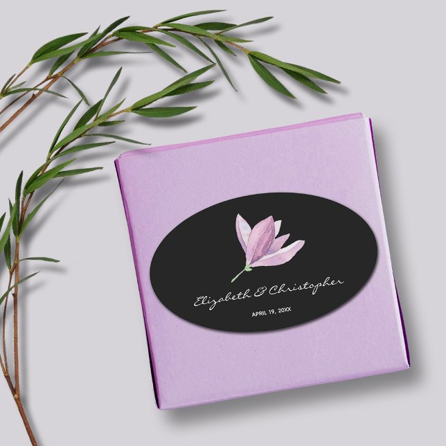 Adesivo Oval Floral Magnolia sobre Casamento Negro (Magnolia Floral Wedding Favor Black Oval Stickers)