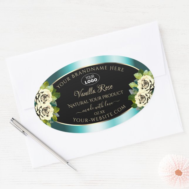 Adesivo Oval Floral Teal Black Product Labels Rosas Logo (Envelope)