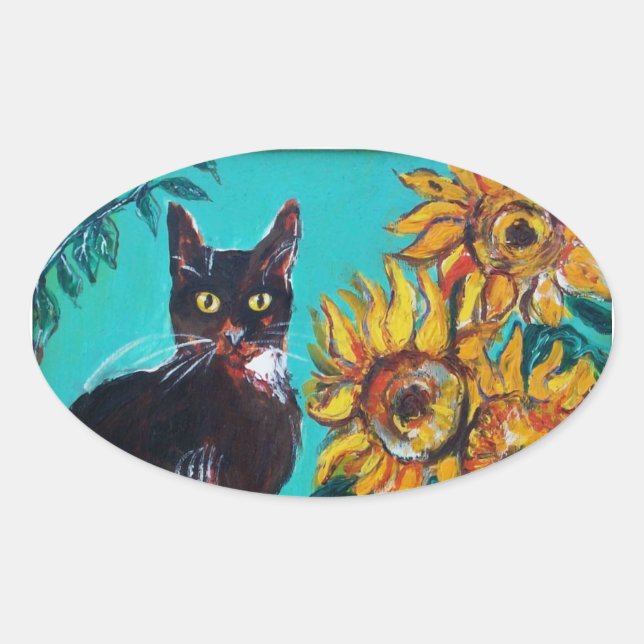 ADESIVO OVAL FLORES COM GATO PRETO EM TURQUOISMO AZUL (Frente)