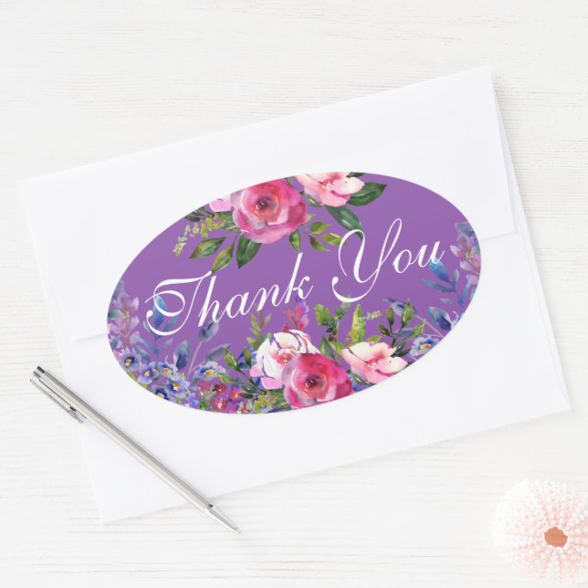 Adesivo Oval Flores de Aquarela Vinhetas Roxas (Envelope)