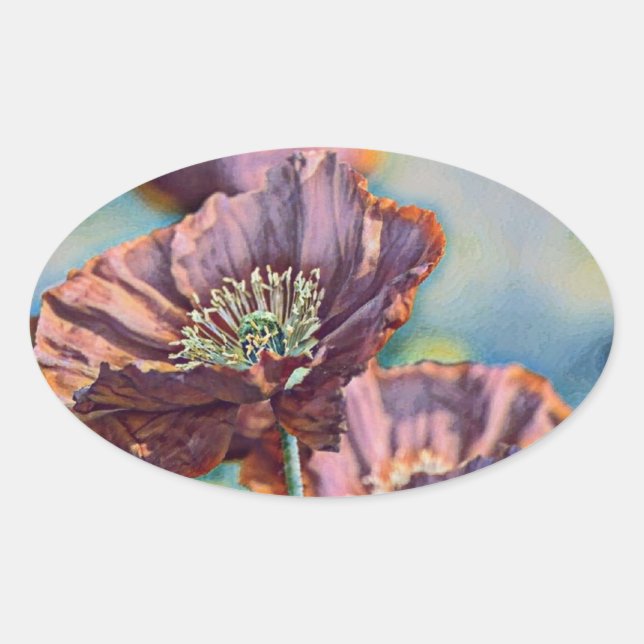 Adesivo Oval Flores de papoila cor-de-laranja roxa (Frente)