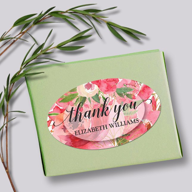 Adesivo Oval Flores de Peônia de Agradecimento (3" round stickers with your name and Thank You on pink and cream peony flowers)