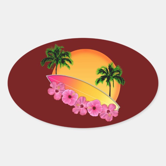 Adesivo Oval Flores de surfboard e Hibiscus (Frente)