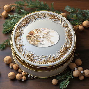 Adesivo Oval Flores e Bagas de Natal Douradas Brilham