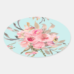 Adesivo Oval Flores Rosa Esmagadas no Azul Claro