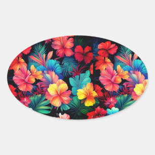Adesivo Oval Flores Tropicais Laranja Floral Com Folhas