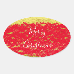Adesivo Oval Folha de Ouro Vermelha Brilha Brilha Feliz Natal
