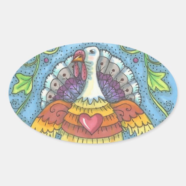 ADESIVO OVAL FOLK ART TURKEY, OBRIGADO A PEDAÇOS DE AVES (Frente)