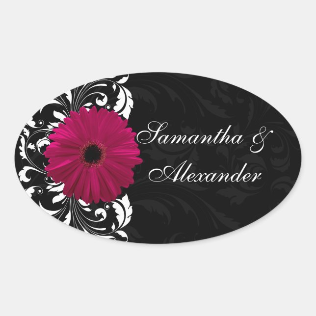 Adesivo Oval Fuchsia Scroll Gerbera Daisy w/Black and White (Frente)