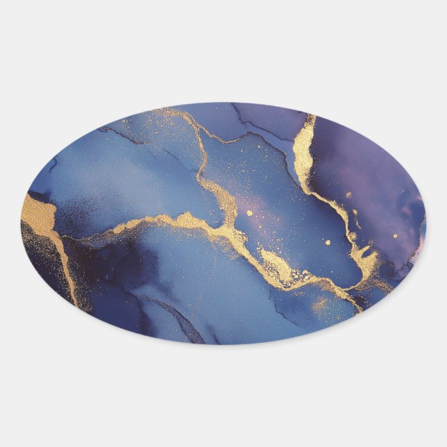 Adesivo Oval Fundo azul com listras e pontos dourados (Frente)