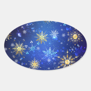 Adesivo Oval Fundo Azul XMAS com Flocos de Neve Ouro