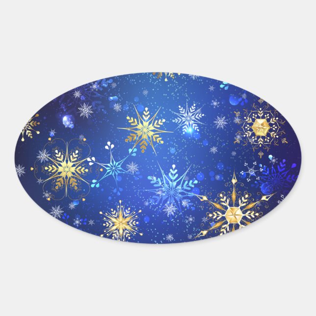 Adesivo Oval Fundo Azul XMAS com Flocos de Neve Ouro (Frente)