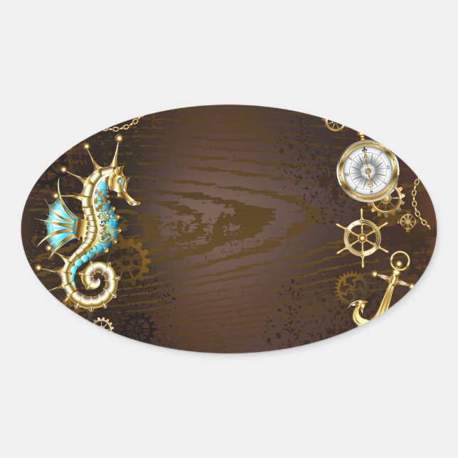 Adesivo Oval Fundo de madeira com cavalo de mar mecânico (Frente)