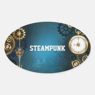 Adesivo Oval Fundo turquesa Steampun com Engrenagens