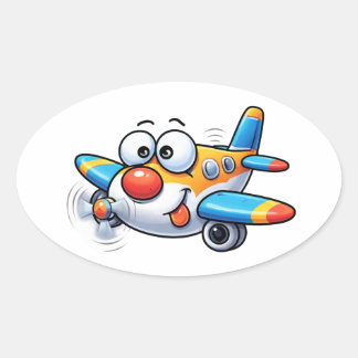 Adesivo Oval Funny Cartoon Airplane Character Sticker