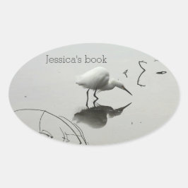 Adesivo Oval garça-branca-pequena placa de livro de pesca