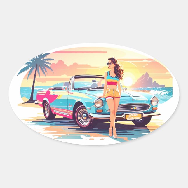 Adesivo Oval Garota com carro e natureza dos sonhos (Frente)