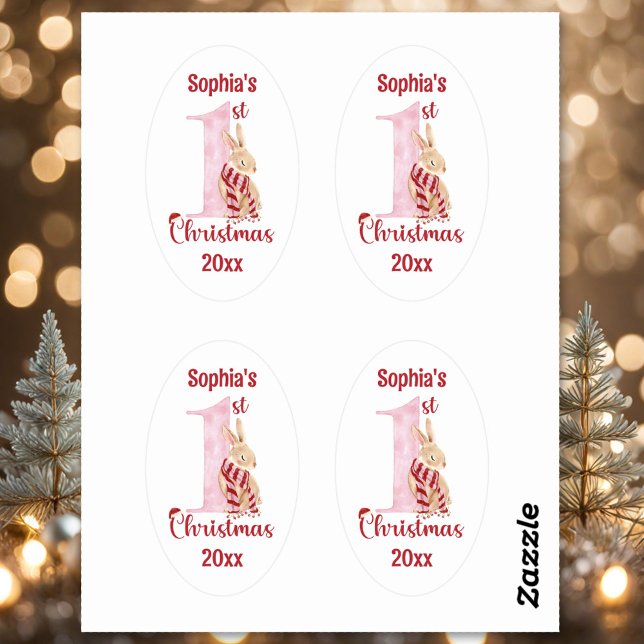 Adesivo Oval Garota Nona Nona Menina Coelhinha de Natal 1rua (1st Christmas Cute Bunny Baby Girl Number One Oval Sticker)