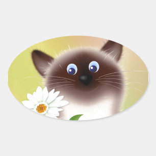 Adesivo Oval Gato com flor