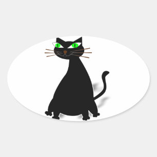 Adesivo Oval Gato De Gordura Preto Com Olhos Verdes