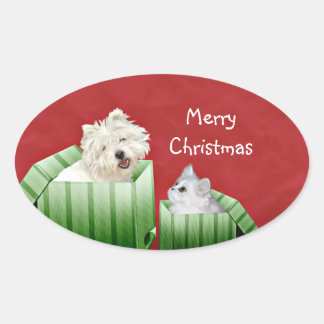 Adesivo Oval Gato e cão de Natal