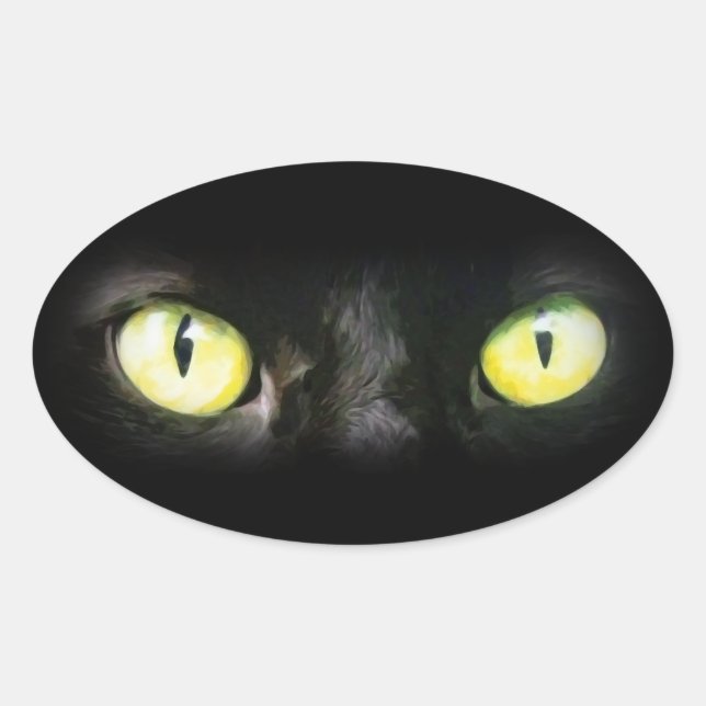 Adesivo Oval Gato Preto, Olhos Verdes Amarelos, Sonhos e Estran (Frente)