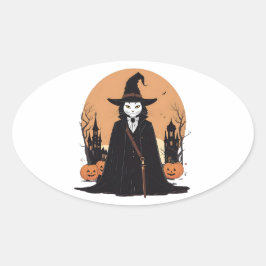 Adesivo Oval Gato Preto Salem Místico com Pumpkins